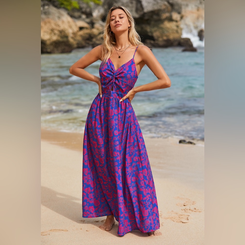 CUPSHE Blue and Pink Floral Maxi Dress Tie Back XL